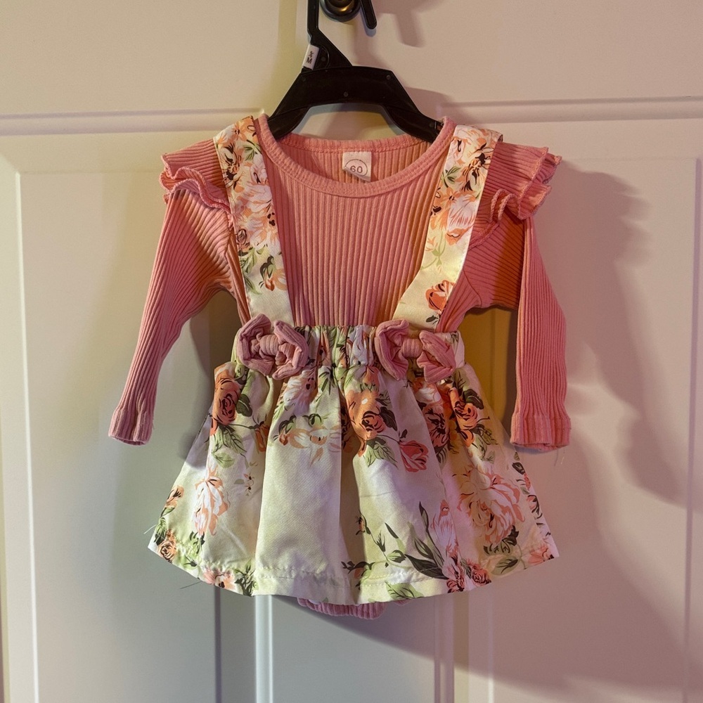 Floral Pink Baby Dress with Ruffles & Suspenders - Size 60 (3-6M) - Picture 3 of 7